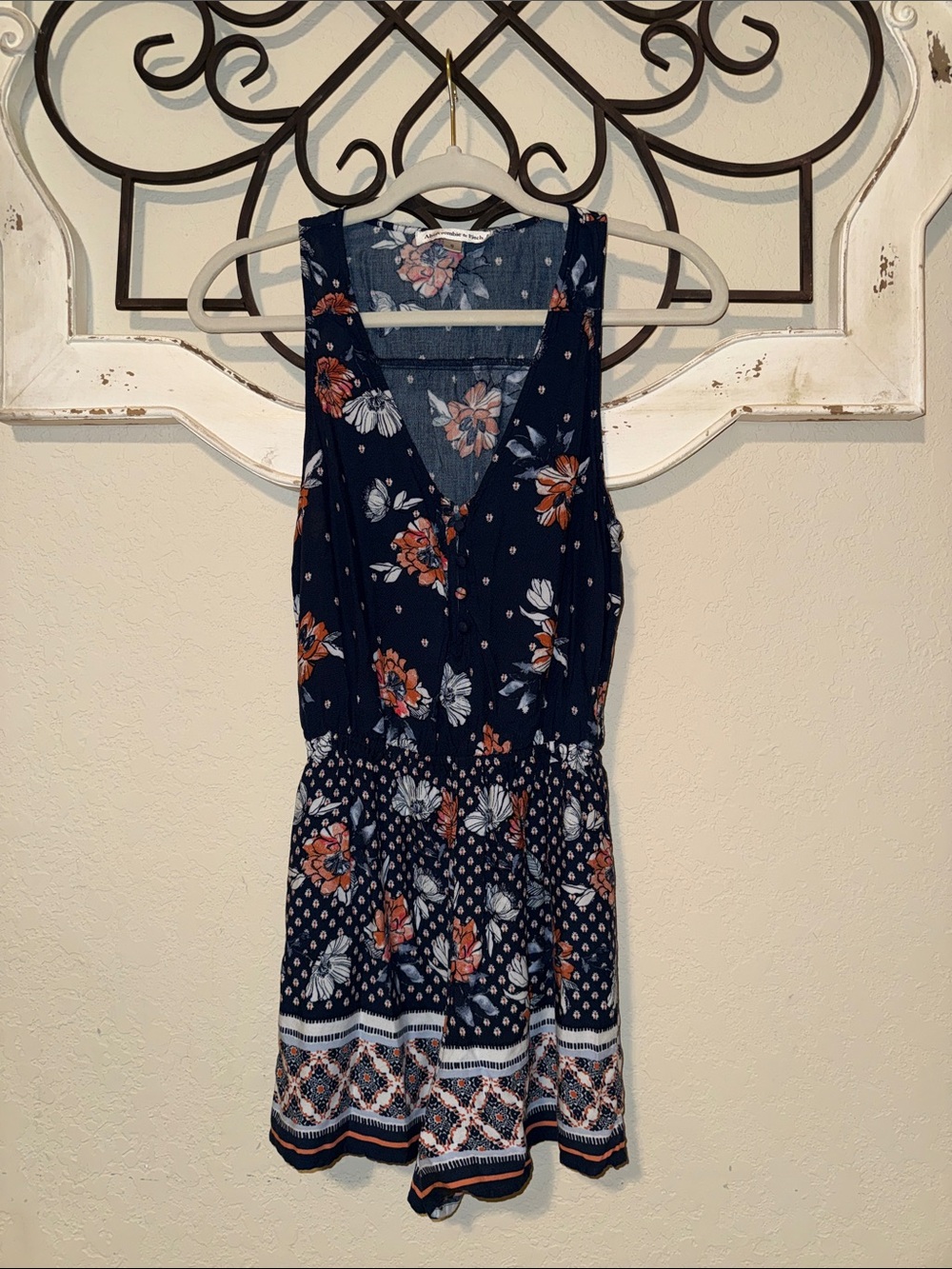 Abercrombie & Fitch Navy Floral Sleeveless Romper with Coral & White Accents